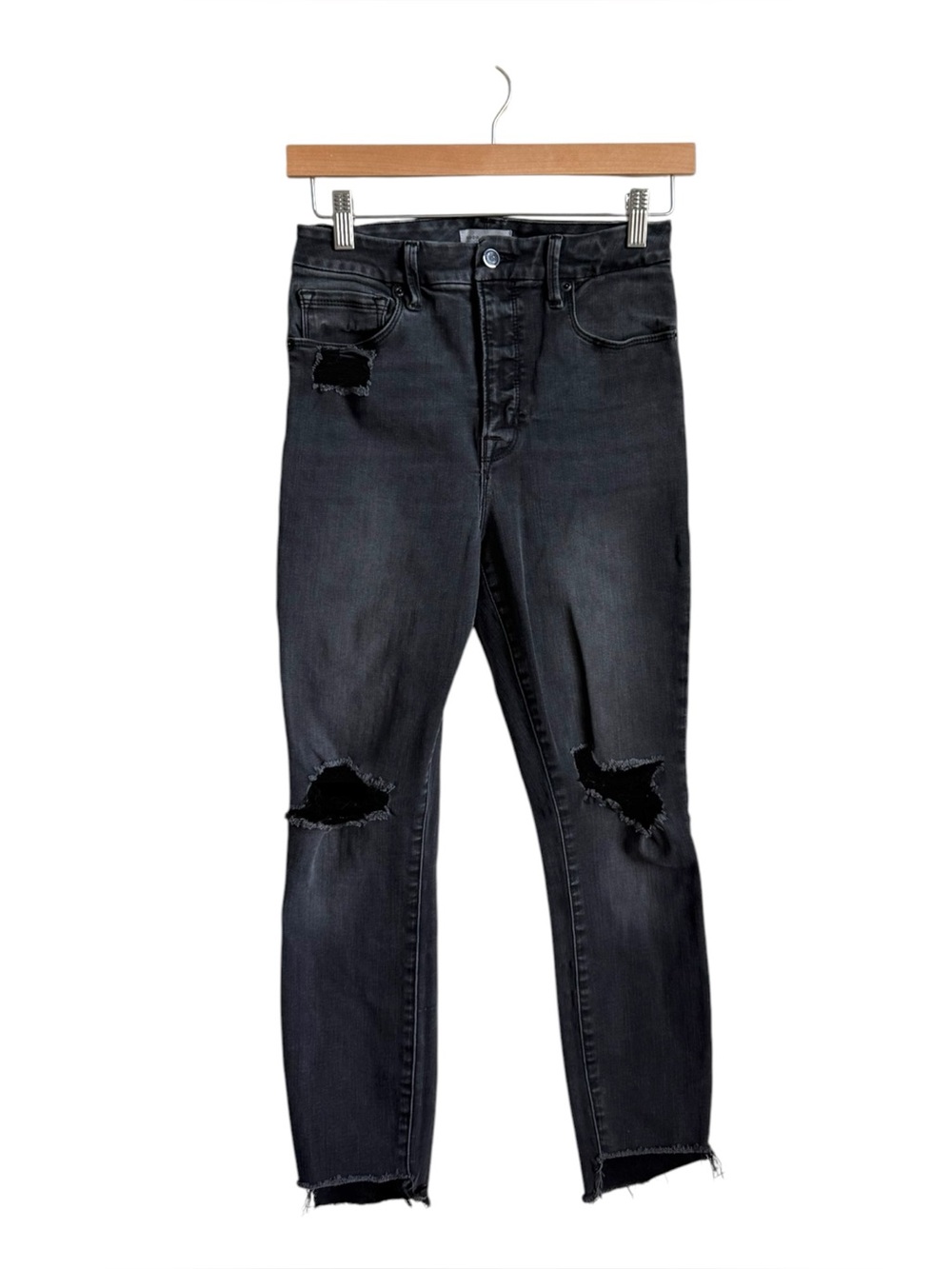 Good American Good Waist Crop Raw Step Jeans Black Distressed Size 27